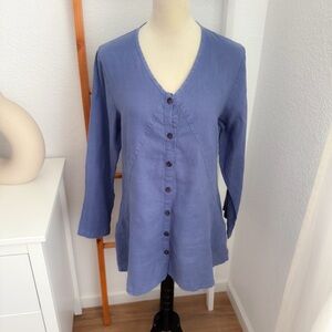 Flax Linen Tunic Blue Button Front Top Long Sleeves V-neck